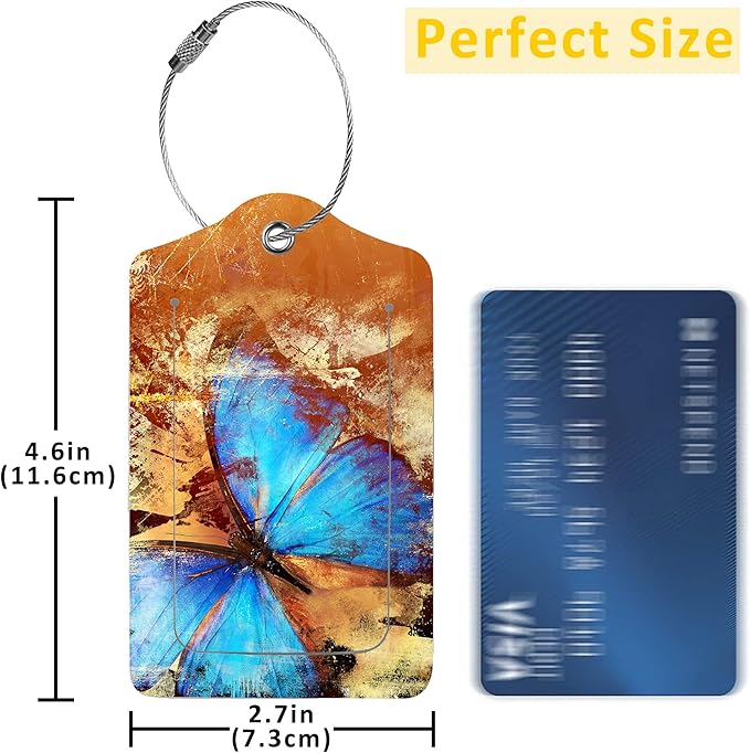 2 Pack Luggage Tags for Suitcases,Blue Butterfly Luggage Tag,PU Leather Id Label Luggage Tags with Stainless Steel Loop and Privacy Cover for Women Men Teens Travel