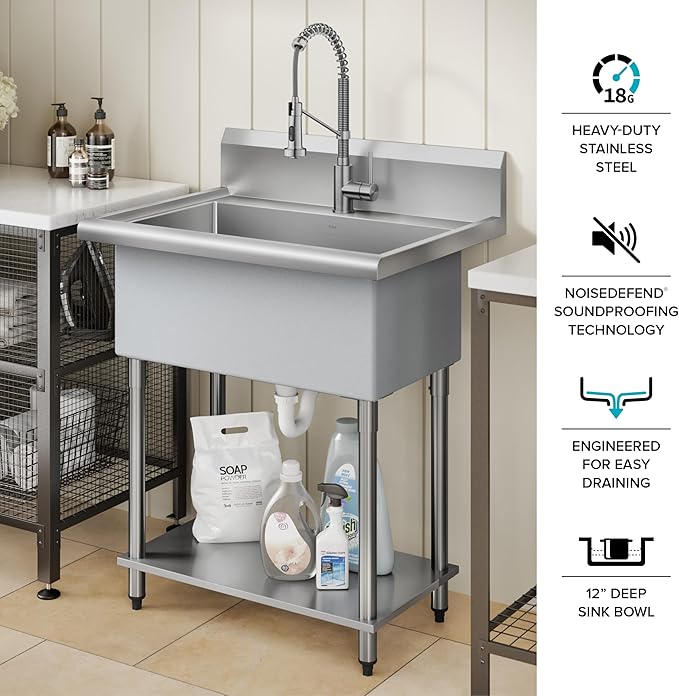 KRAUS Standart Pro 32 Inch 18-Gauge Stainless Steel Scullery Sink, 24 Gallon Freestanding Commercial Style Single Bowl Laundry & Utility Sink, KHS230-32