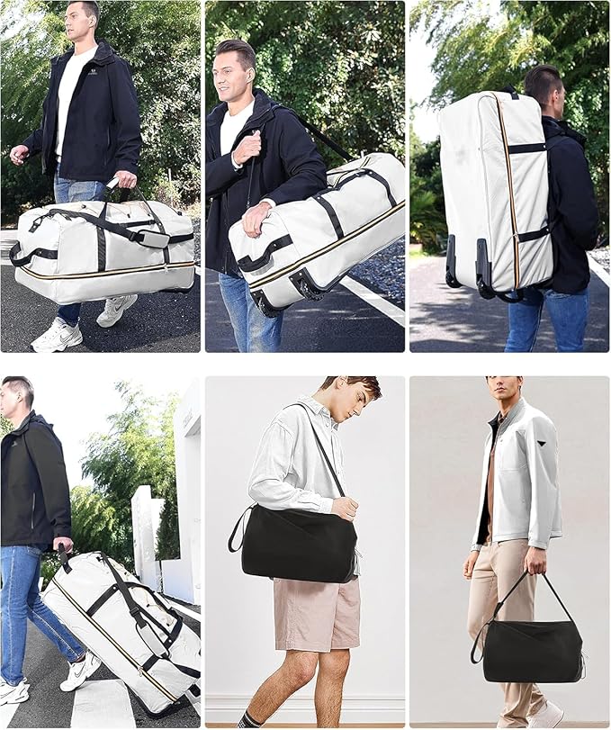 Rolling Duffle Bag with Wheels,110L/140L Expandable Soft-Sided Foldable Duffle Bag with 2 Rubber Wheels,Packable 32” Rolling Carry-On with Multi-Pockets & Compartments (Grey)