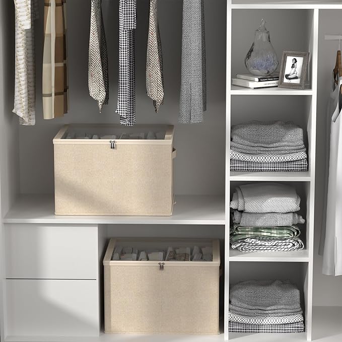 Shoe Organizer for Closet, 2 Pack Sturdy Shoe Storage Bins with Clear Cover, Fits 16-32 Pairs, Foldable Shoe Storage Box with Reinforced Handles (Beige, 19.7 * 15.7 * 12.6in)