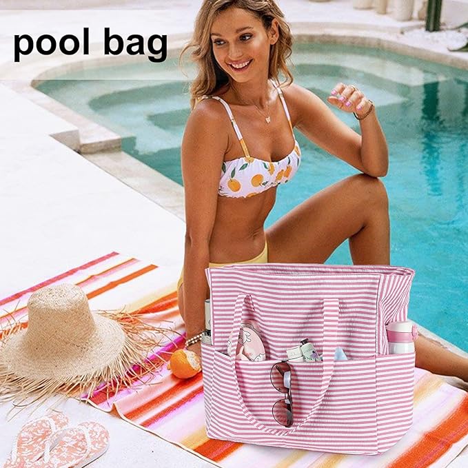 LEDAOU Large Beach Tote Bag Women Waterproof Sandproof Zipper Beach Tote Bag for Pool Gym Grocery Travel with Wet Pocket
