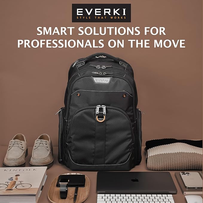 EVERKI 32L Atlas Business Laptop Backpack – Adjustable Compartment for Work, Travel-Friendly Business & Office Backpack for Men & Women, College, Durable Computer Bag, Fits 13"-17.3", Black