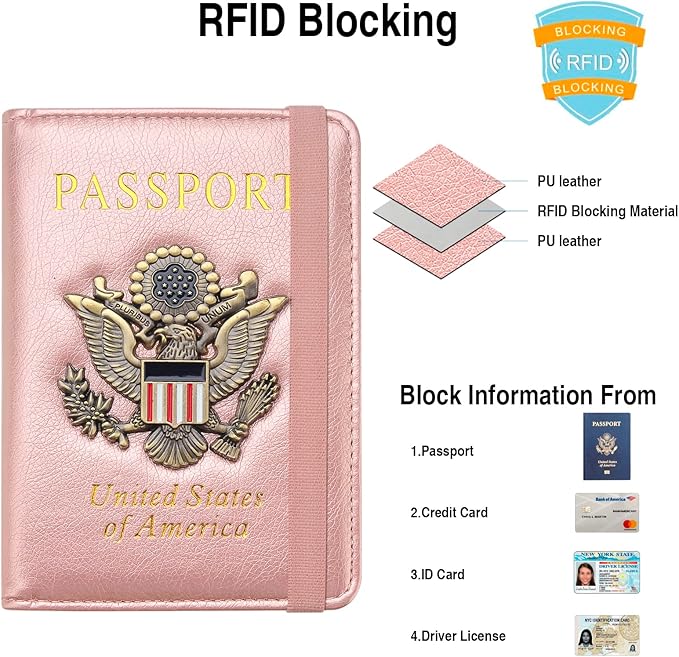 Passport Holder for Travel Passport Cover for Men Passport Wallet Case with Metal Badge Protector Leather Card Case RFID Blocking Women Travel Accessories Document Organizer (Rose Gold)