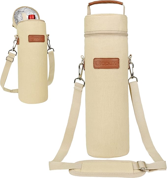 opux Wine Bag Single Bottle Carrier Tote, Insulated Wine Cooler Bag for Travel Picnic Beach with Shoulder Strap, Thermal One Bottle Holder Carrying Case Wine Gift for Women Men, Beige Cream