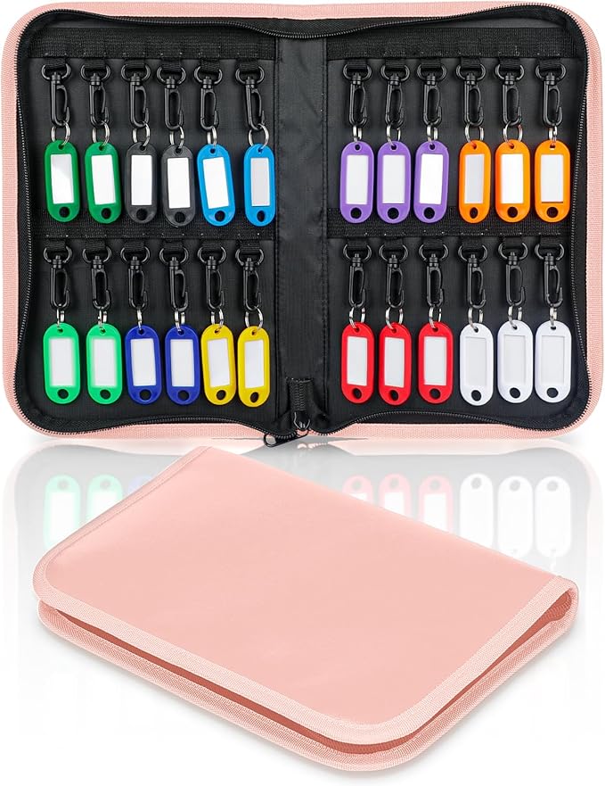 Uniclife Zippered Key Case Organizer Waterproof and Fireproof Pink Key Binder with 24 Hooks and Tags Portable Key Storage Book for Offices Real Estate Agencies Hotels and Rental Management
