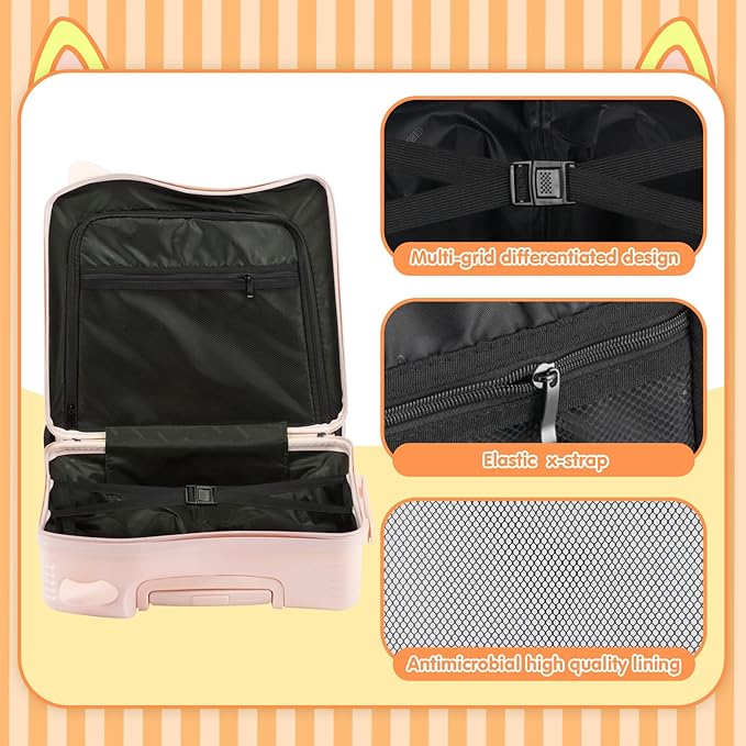 20" Ride-On Travel Suitcase for Kids, Cute Ear Toddler Carry on Luggage with Spinner Wheels & Anti-Lose Rope, Children Rolling Trolly Luggage with Password Lock (Pink with Rope)