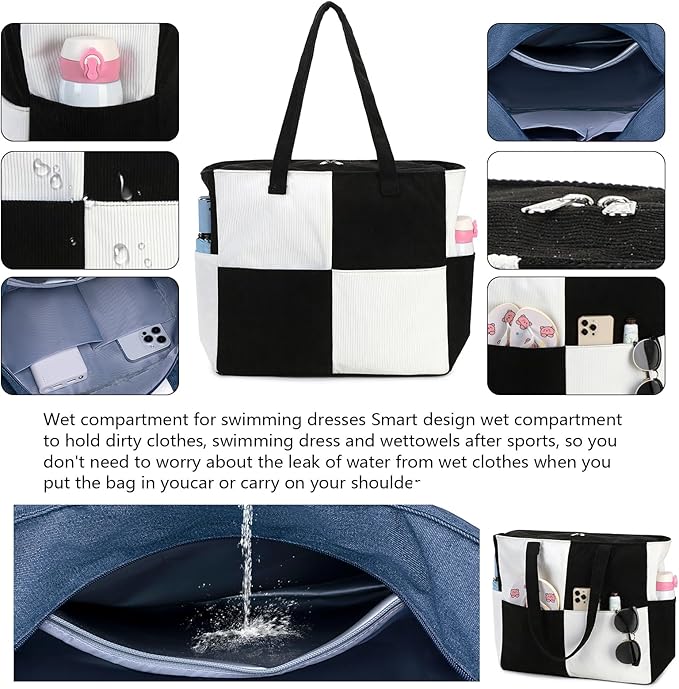 Waterproof Beach Tote Pool Bags for Women Ladies Extra Large Gym Tote Carry On Bag With Wet Compartment for Weekender Travel