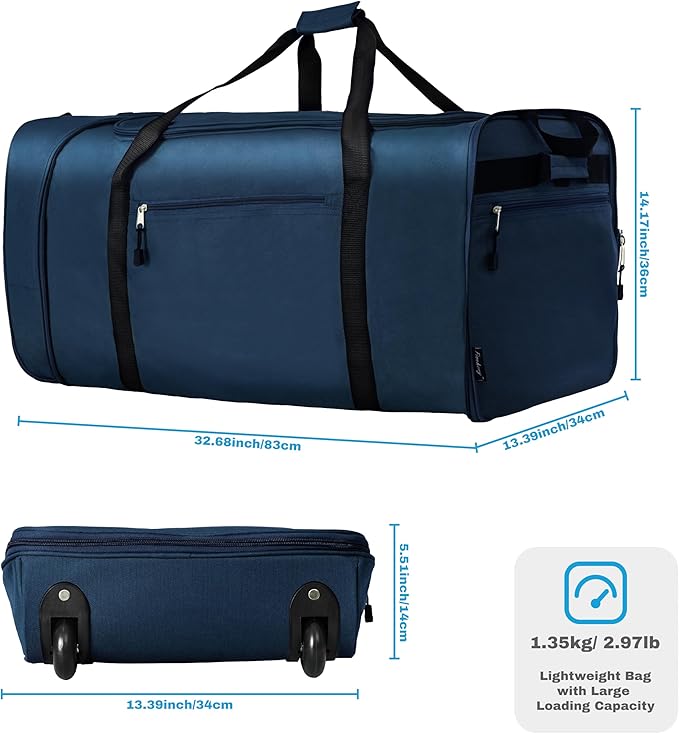 Finnhomy 100L Foldable Rolling Duffel Bag with 2 Wheels, Light Weight Travel Duffel bag with Large Loading Capacity, 32 inch Rolling Duffel bag with Shoulder Strap for Travel Camping Sports, Dark Blue