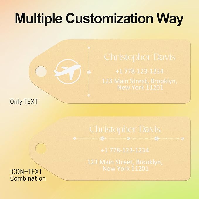 4 PCS Personalized Metal Luggage Tag – Personalized Engraved Suitcase Tag, Backpack Tag, with Matching Color Strap, Waterproof Suitcase Name Badge – Ideal Corporate Gift & Travel Accessory (Yellow)