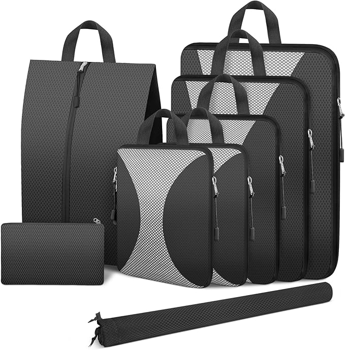8 Set Compression Packing Cubes for Travel, Packing Cubes Compression Travel Accessories Expandable Packing Organizers for Carry on Luggage Suitcase (Gray)