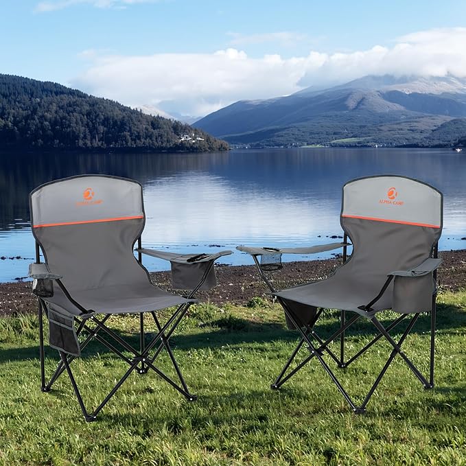 HIGH POINT SPORTS 2 Pack Portable Camping Chair for Adults, Folding Outdoor Camp Chair Lightweight Lawn Chairs Folding Collapsible Chair for Camping, Tailgates, Beach, Gray, Support 225lbs