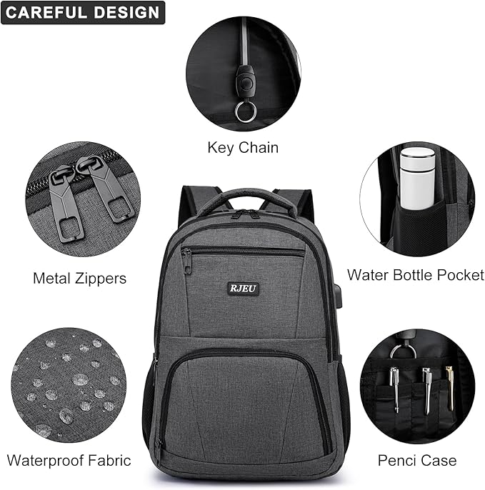 School Backpack for Teens & College Students - 17.3 Inch Laptop Backpack with USB Charging Port, Water Resistant Travel Bookbag for Men, Women, Business & University, Grey