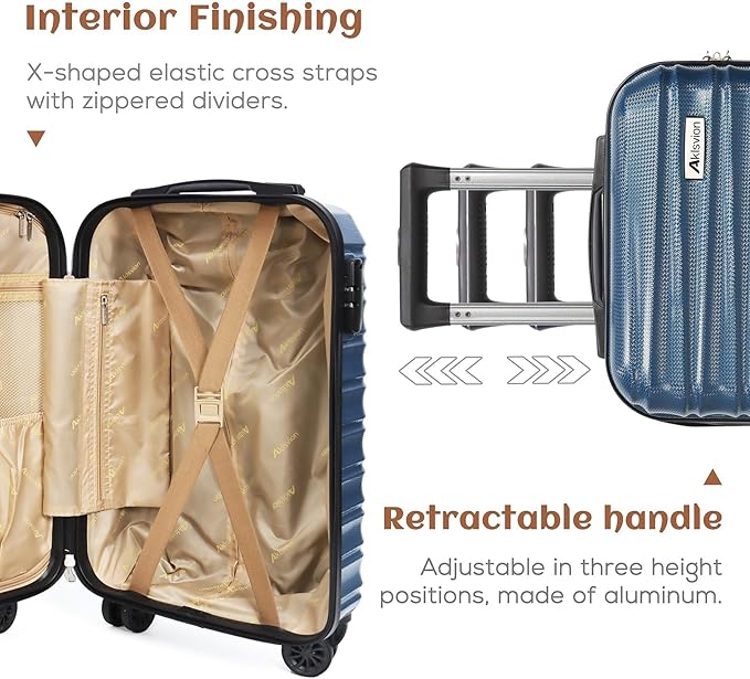 Carry on luggage 20 In suitcase with Spinner Wheels ABS & PC Hardside Luggage(Navy)