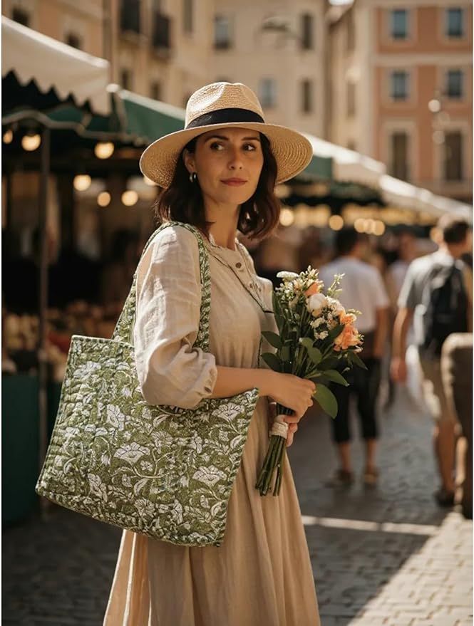 Cotton Quilted Tote Bag for Women – Large Beach & Travel Tote with Zipper, Reusable Grocery Bag