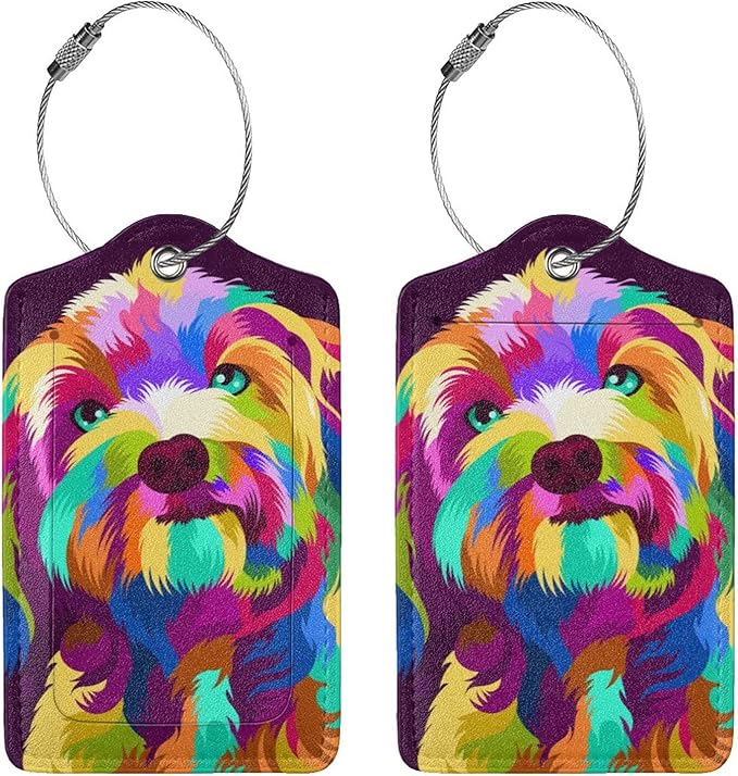 2 Pack Colorful Dog Luggage Tag for Women Girls Kids, Printed Leather Bag Tags for Suitcase Artistic Animal Travel Backpack Labels with Privacy Cover Name ID Card