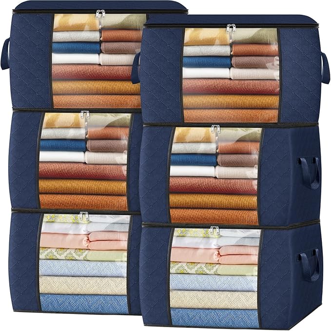 Fab totes 24 Gallons Clothes Storage, Foldable Thick Fabric Blanket Storage Bags, Containers for Organizing Bedroom, Closet, Clothing, Comforter, Organization with Handle (6 Pack,Blue)
