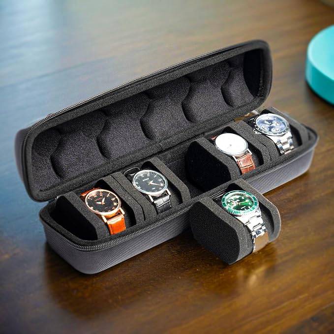 Hard Watch Travel Case, 5 slot Watch Roll Case Storage and Organizer for Men and Women, with anti-move watch pillow