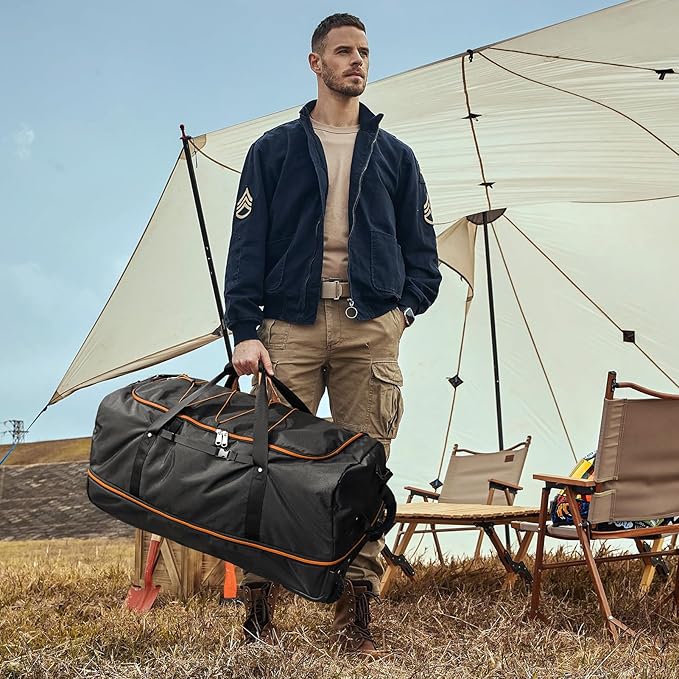 CONTAIL 32" Soft-Sided Rolling Duffle Bag with 2 Wheels,Expandable from 110L to 140L, Foldable Travel Duffel with Multiple Compartments,Black-orange