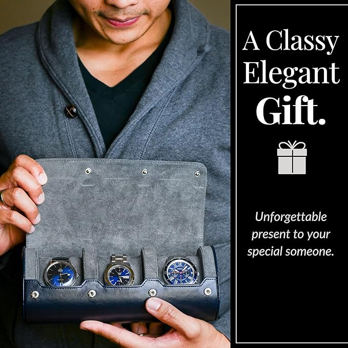 Watch Case Travel Organizer - Watch Roll Case - 3 Watch Case Display Storage - Watches Accessory Gift - Midnight Blue Vegan Leather