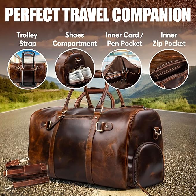 ELIZO Personalized Leather Duffle Bag For Men Women REAL FULL GRAIN Custom Travel Overnight Weekender Carry On Luggage Sports Gym Bags (Antique 20 Inch) Legacy