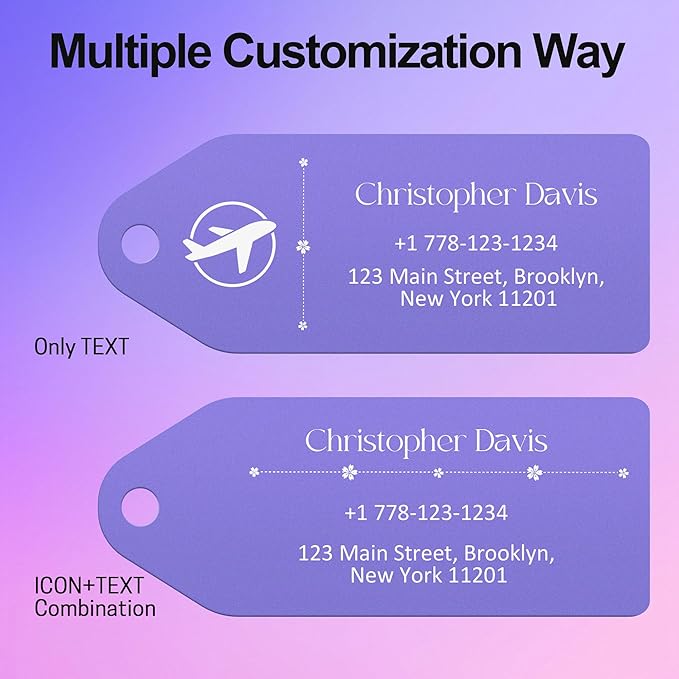 4 PCS Personalized Metal Luggage Tag – Personalized Engraved Suitcase Tag, Backpack Tag, with Matching Color Strap, Waterproof Suitcase Name Badge – Ideal Corporate Gift & Travel Accessory (Purple)