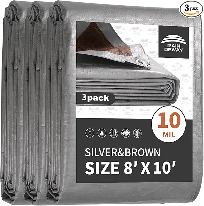Tarps Heavy Duty Waterproof 8x10 Feet (3 Pack), 10Mil Multipurpose Poly Tarp Cover with Metal Grommets and Reinforced Edges, Silver/Brown Tarp by RAINDEWAY