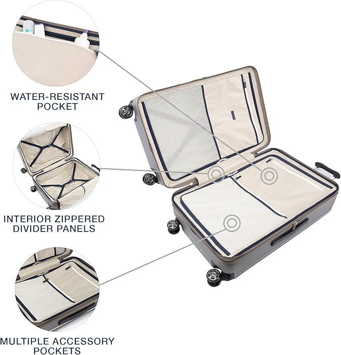 Travelpro Platinum Elite Hardside Expandable Checked Luggage, 8 Wheel Spinner, TSA Lock, Hard Shell Polycarbonate Suitcase, Metallic Sand, Checked Large 28-Inch