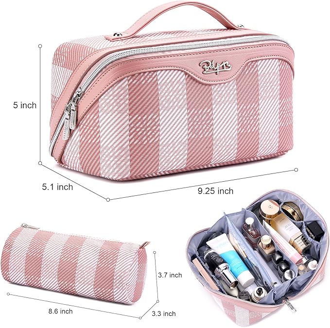 BOYATU Makeup Bag Travel Cosmetic Bag: 3 Pcs Set Portable Make up Bags for Women with Handle - Waterproof Vegan Leather Toiletry Organizer Bags with Comparments (F-03-Pink)