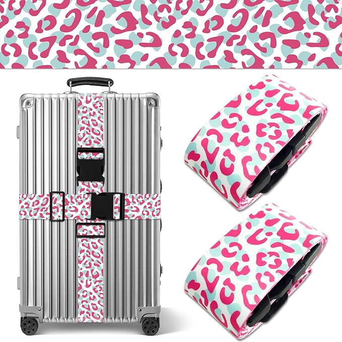 Pink Leopard Luggage Straps for Suitcases TSA Approved, Luggage Identifiers for Suitcase, Adjustable Suitcase Strap for Baggage Security with Cute Patten, Travel Necessary Accessories