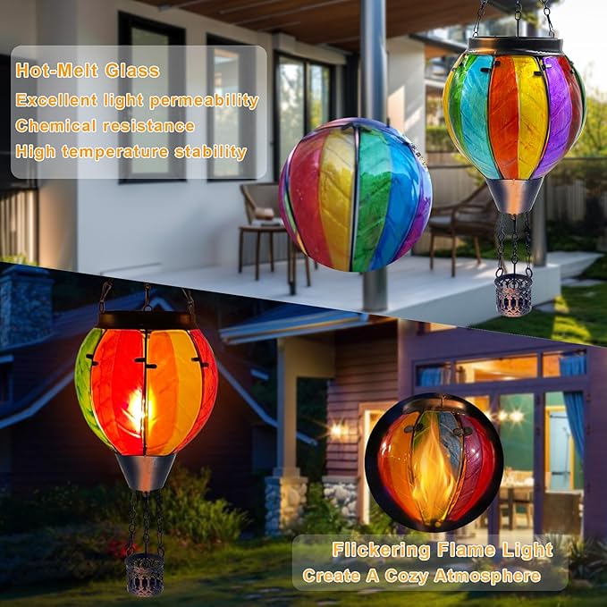 Colorful Hot Air Balloon Solar Lantern with Flickering Flame Light Glass Hanging Solar Lanterns Outdoor Waterproof for Garden Tree Yard Patio Party Decor