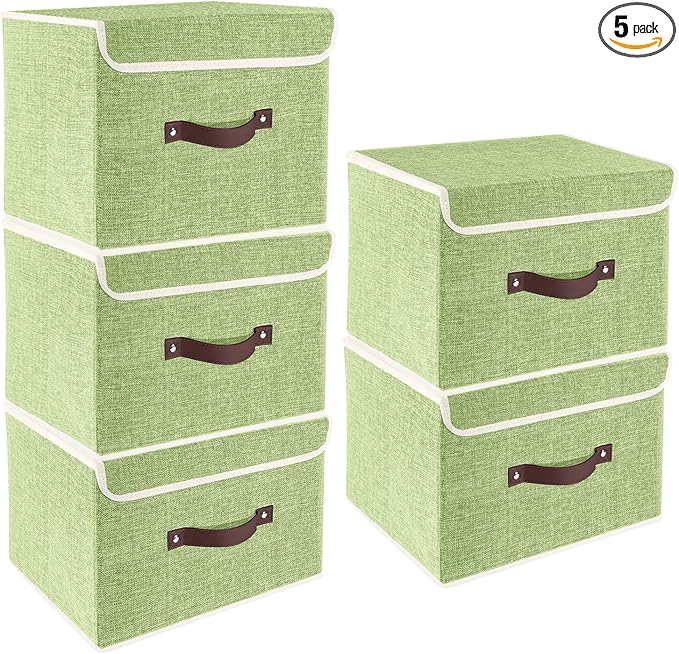 TYEERS Foldable Storage Boxes with Lids 5 Pack Fabric Storage Bins with Lids, Closet Organizers for Clothes Storage, Room Organization, Office Storage, Toys - Green
