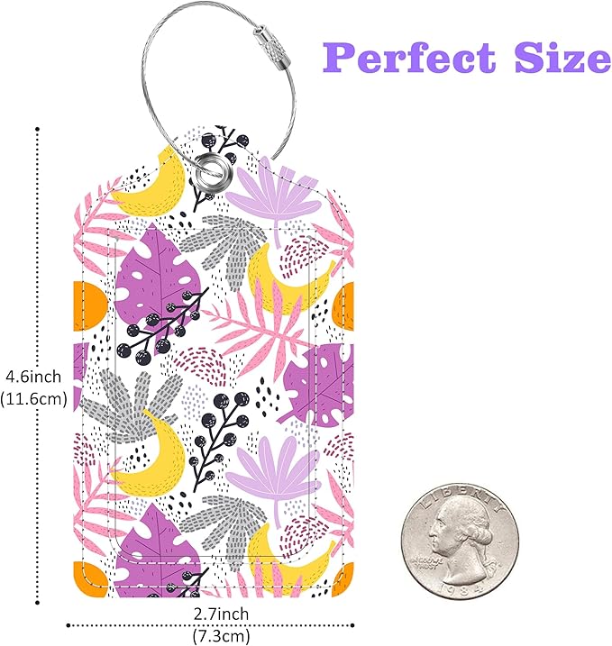 Tropical Plants Leaves Fruits Luggage Tags 2PCS PU Leather Suitcases Tag with Stainless Steel Loop and Privacy Name Address Cover Label Card for Women Men Travel