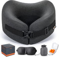 MLVOC Travel Pillow Memory Foam Neck Pillow, Adjustable Comfort Breathable Cover, Airplane Travel Set with 3D Sleep mask, Earplugs Box, for Airplane, Car, Office, Home (Full Black)