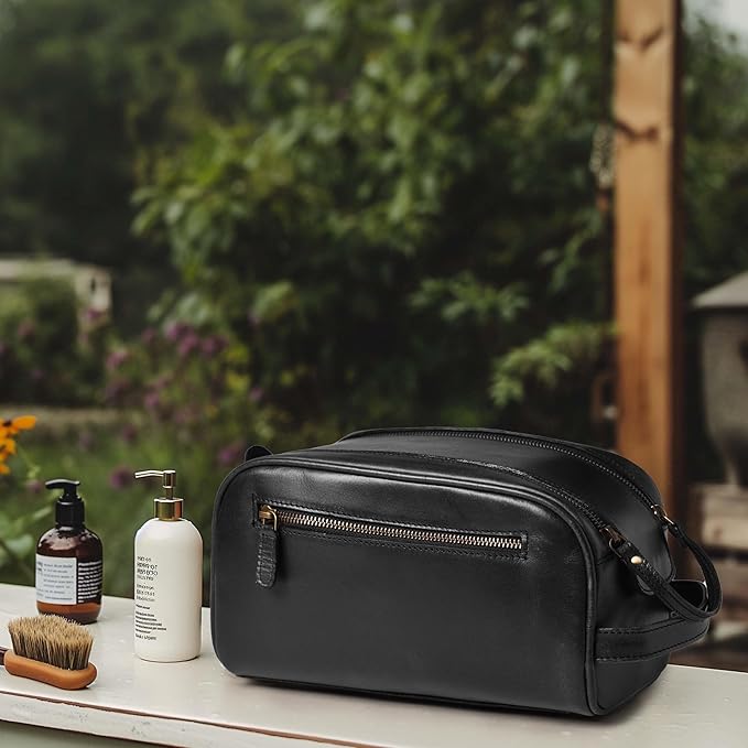 LEATHER VILLAGE Premium Leather Toiletry Travel Pouch With Waterproof Lining - Black | King-Size Handcrafted Vintage Cosmetic Organizer & Shaving Essential Bag