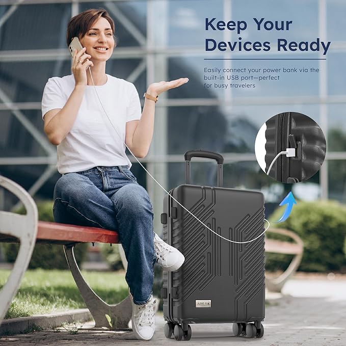 20-inch Carry On Luggage Airline Approved - PC+ABS Lightweight Suitcase with Built-in TSA Lock，Hard-shell Durable Rolling Luggage with USB Port