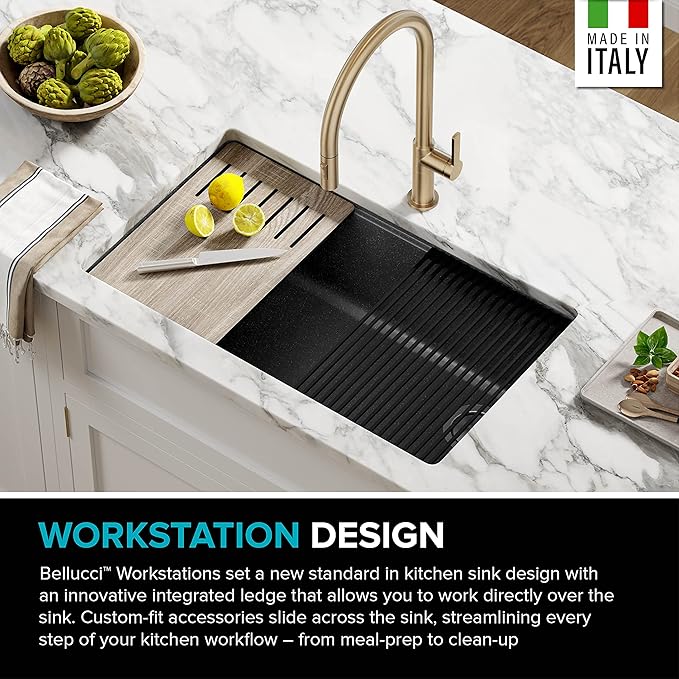 KRAUS Bellucci 32” in. Undermount Workstation Granite Kitchen Sink in Metallic Black with Accessories, KGUW2-33MBL