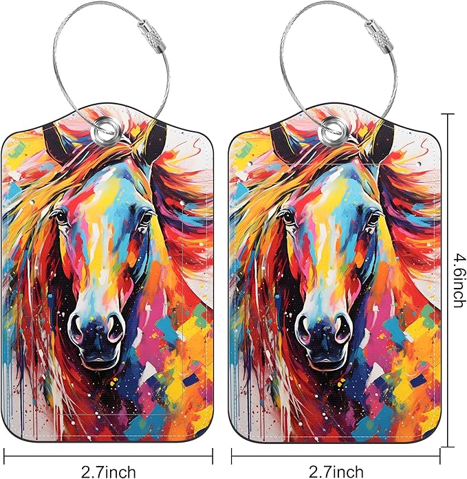 Set of 2 Luggage Tags for Suitcase Abstract Horse Leather Baggage Tags Set with Stainless Steel Loop Name Address Labels Privacy Cover for Men Women Travel Bag Suitcase, 4.6 x 2.7 inch