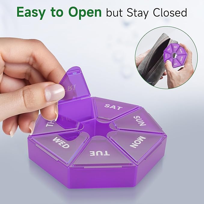 Weekly Pill Organizer, 2 Pack Portable Pill Box Medicine case 6 Colors (Seven Day) New Edition for Vitamin/Fish Oil/Pills/Supplements-Arthritis Friendly (Purple)
