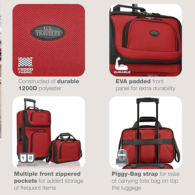 U.S. Traveler Rio Fabric Expandable Carry-on Luggage, Rolling Suitcase, Red, 2 Wheel Set