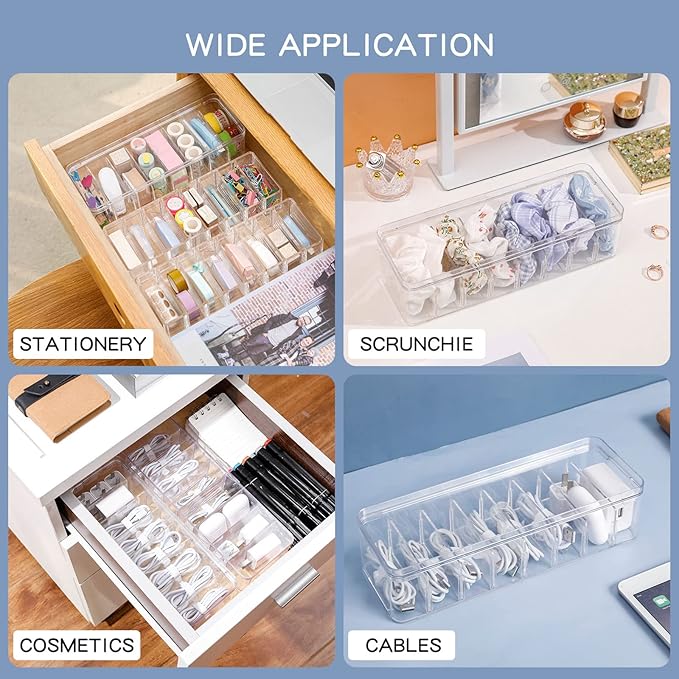Yesesion Clear Plastic Cable Organizer Box with Adjustment Compartments, Desk Accessories Storage Case with Lid and 10 Wire Ties for Drawer, Office, Art Supply, Electronic Management
