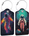 Set of 2 Luggage Tags for Suitcases, Leather Astronauts in Space Baggage Tags with Stainless Steel Loop, Privacy Name ID Card Cover Kawaii Travel Labels for Women Men Kids Girls