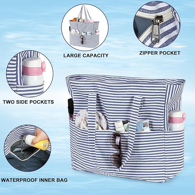 LEDAOU Large Beach Tote Bag Women Waterproof Sandproof Zipper Beach Tote Bag for Pool Gym Grocery Travel with Wet Pocket