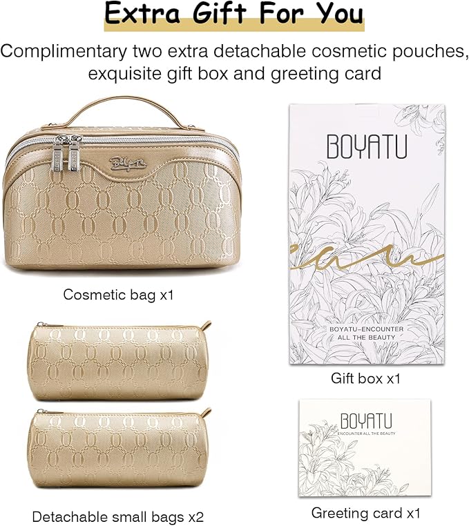 BOYATU Travel Makeup Bag for Women: Cosmetic Organizer Bag with Compartments - Leather Make up Bags Set of 3 (Gold Yellow)