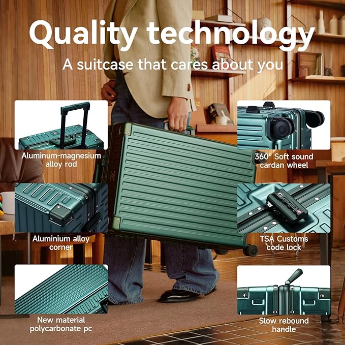 ROAMING Zipperless Luggage 22 Inch with Aluminum Frame, Polycarbonate Trunk-Medium Lightweight Hard Shell Suitcase with Spinner Wheels, Metal Travel Luggage with Double TSA Locks, Dark Night Green