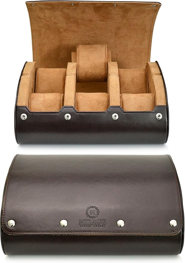 6 Watch Travel Cases for Men - Watch Roll 6 Slots Travel Organizer - Espresso Brown -Signature Hexa Collection