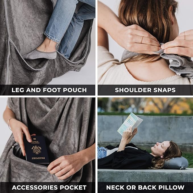 Lightweight Travel Blanket - Premium & Compact Airplane Wearable Blanket with Neck Snaps, Cozy Foot Pockets, Zipper Pouch - Converts into Soft Pillow - Designed for Ultimate Comfort - Shadow