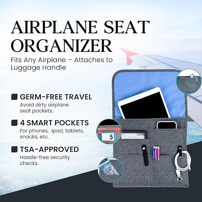 SO~MINE Airplane Pocket Organizer | Tray Table Cover | In Flight Seat Back Organizer Bag | Commuter Essential Travel Bag | Media Pouch For Flying | Travel Gift | Attaches To Luggage