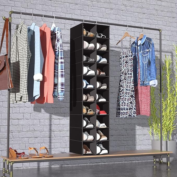 coastal rose Hanging Shoe Organizer for Closet, 20 Sections Hanging Closet Organizers and Storage Shelves, Space Saving Hanging Shoe Rack, Black, 12''W×12''Dx 50''H