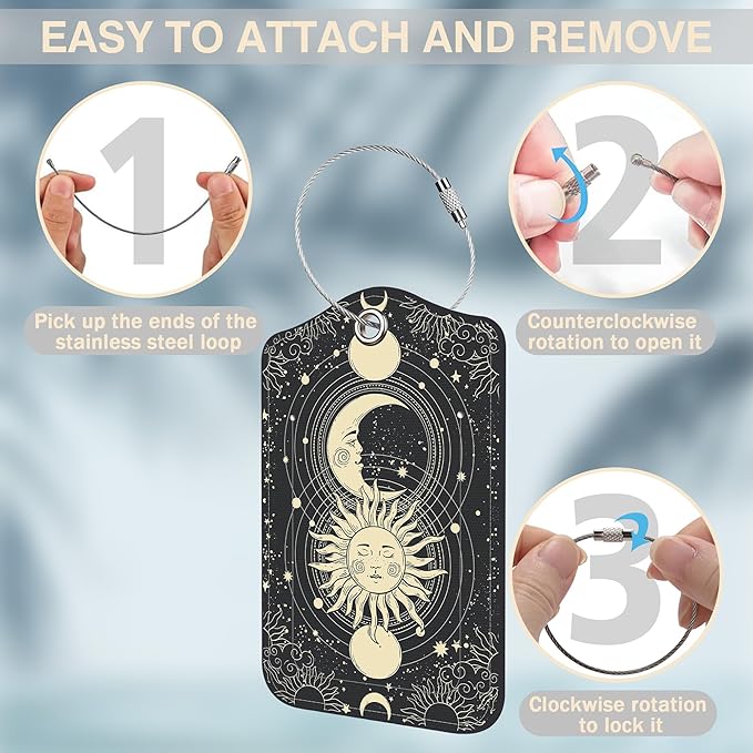 Set of 2 Luggage Tags for Suitcases Sun Moon Astrology Phases Leather Suitcase Tags Identifiers with Privacy Name Address Label and Stainless Steel Loop for Women Men Travel Luggage Accessories