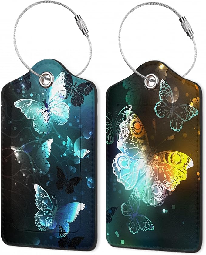 Luggage Tags for Suitcase,Glowing Butterfly Flying Luggage Tags of Set 2 Leather Identifiers Privacy Cover with Stainless Steel Loop for Women Men Travel Bag Suitcase